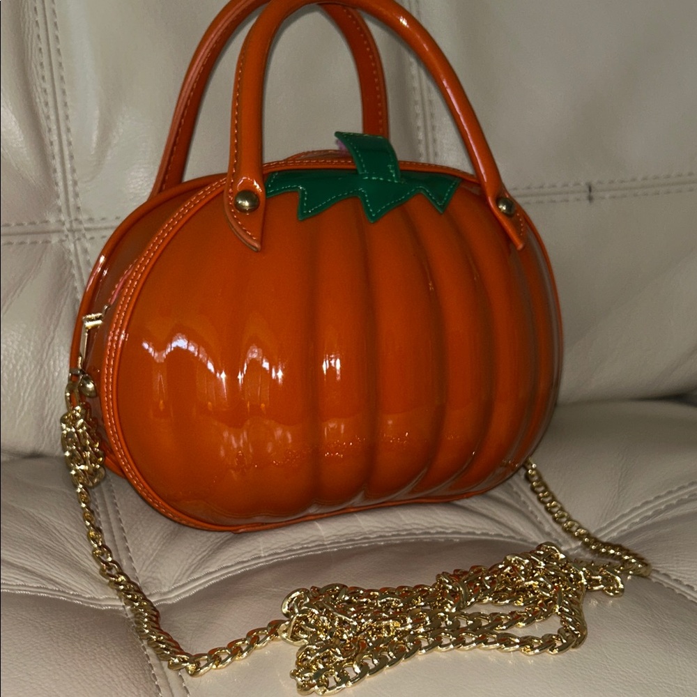 Orange Patent Leather Pumpkin Handbag with Gold Chain Hardware NWT